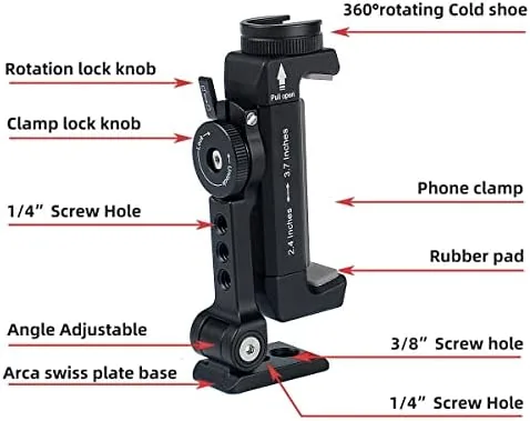 Another view of the Metal Phone Tripod Mount with Rotatable Cold Shoe for Microphone