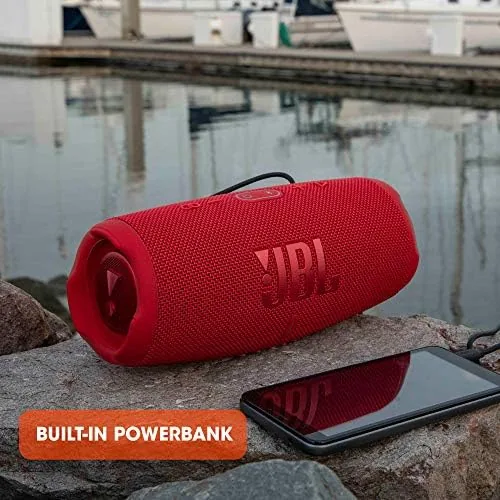 The Charge 5 speaker in a backpack ready for a day out