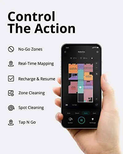 The eufy app map showing rooms and a no go zone boundary
