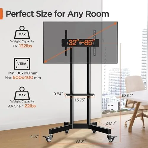 Close look at the Perlegear Rolling TV Stand, Mobile TV Stand on Wheels for build quality