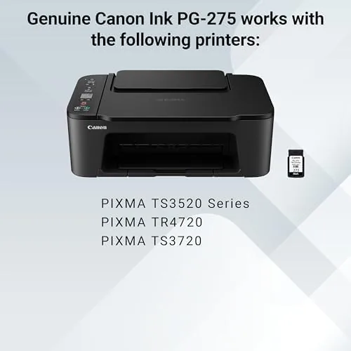 A home office desk with a Canon Pixma printer and an open box of PG-275 cartridges