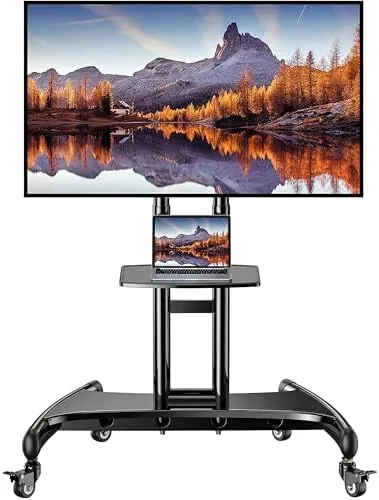 Perlegear rolling TV stand holding a 65 inch television in a living room
