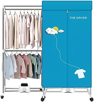 Blue portable 1000W electric clothes dryer in a compact laundry corner
