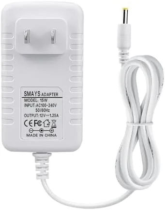 White 15 watt replacement power adapter with attached cable for Alexa speakers