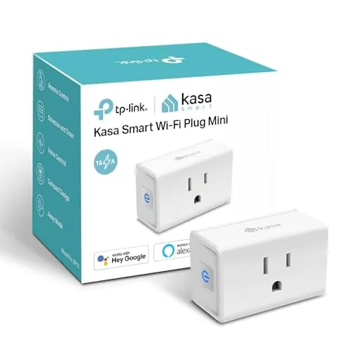 Front view of the Kasa Smart Plug Mini EP10 glowing white in a wall socket