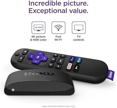 Close view of the Roku Voice Remote with power, volume, and microphone buttons