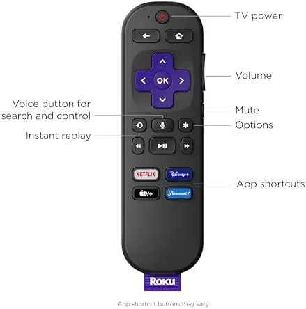 Bedroom television setup with the Roku Express 4K+ tucked on a nearby shelf