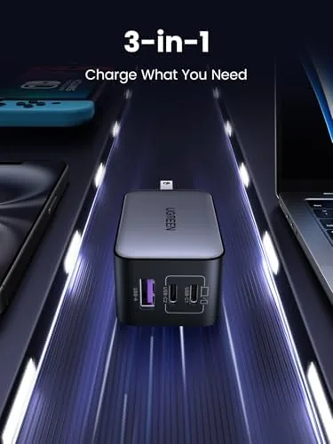 Detail shot of the UGREEN Nexode 65W USB C Charger Block, 3-Port Wall Charger features