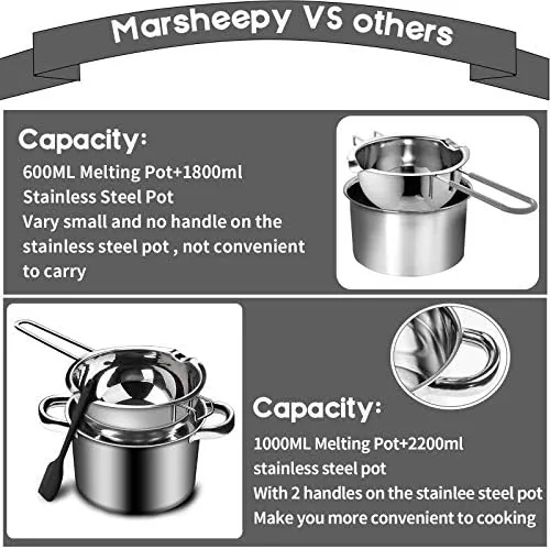The stainless double boiler next to a glass bowl over a saucepan