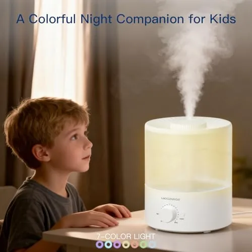 The humidifier glowing in a corner of a dark bedroom