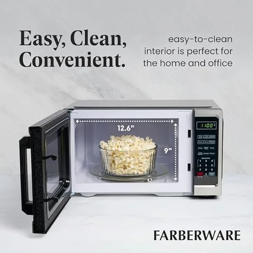 Defrosted ground beef placed on a plate next to the Farberware microwave