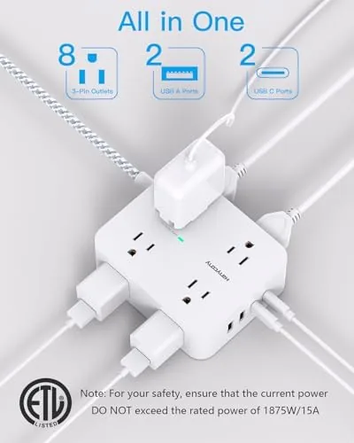Close view of the eight outlets and four USB ports on the HANYCONY power strip