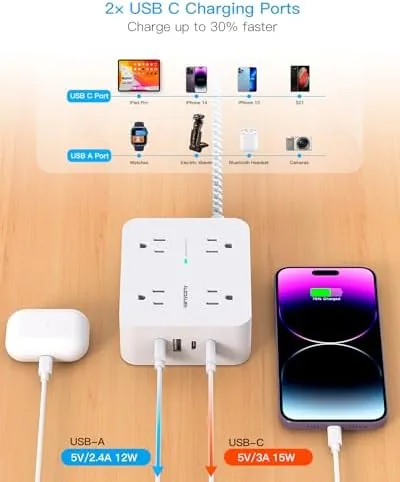 Flat plug of the HANYCONY power strip seated flush against a wall outlet