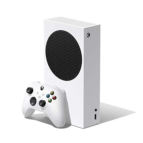 Refurbished Xbox Series S console sitting on a media shelf next to a controller