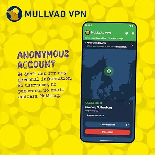 Mullvad VPN speed test result showing download and upload figures