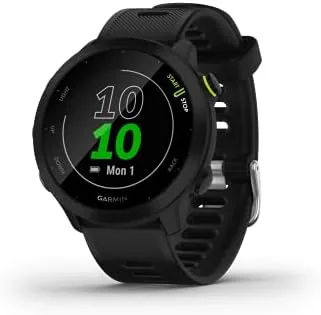 Garmin Forerunner 55 black running watch on a runner's wrist outdoors