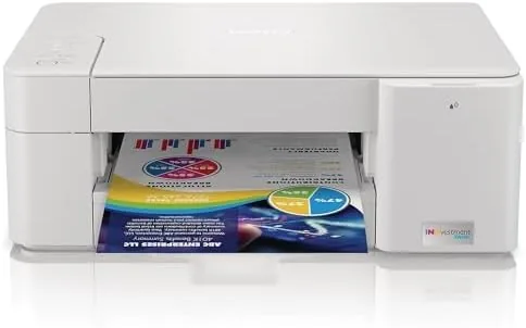 Brother MFC-J1205W wireless all in one printer sitting on a home office desk