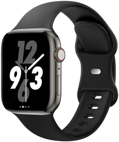 Black soft silicone sport band laid flat showing the two piece strap design