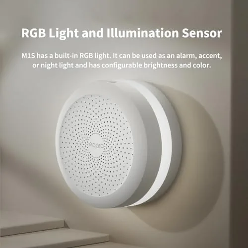 Aqara Hub M1S Gen 2 glowing in a hallway as a night light with sensors nearby