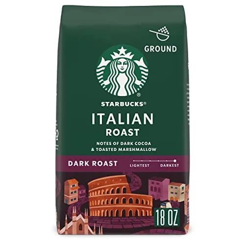 Closed Starbucks Italian Roast ground coffee bag on a kitchen counter