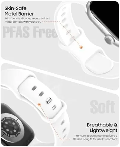White sport band snapped onto a silver aluminum Apple Watch