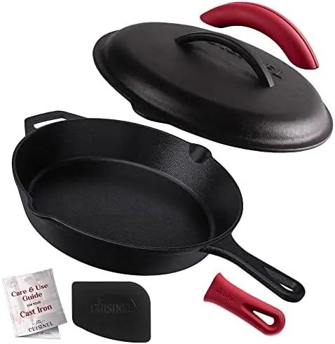 Cuisinel 12 inch cast iron skillet with lid and silicone holders on a counter