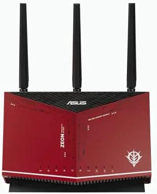 ASUS RT-AX86U Zaku II Edition router standing upright with red accents