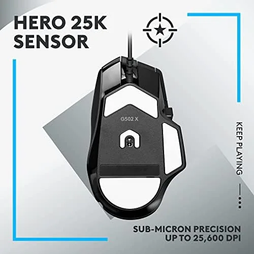 Side profile of the Logitech G502 X showing the thumb rest and cable