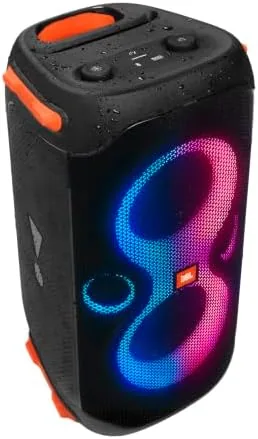 PartyBox 110 with the dynamic light show glowing around the woofer