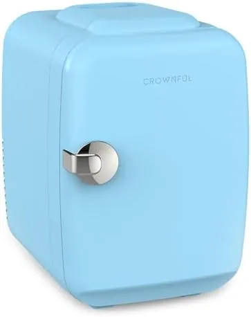 The blue CROWNFUL mini fridge sitting on a bedroom nightstand