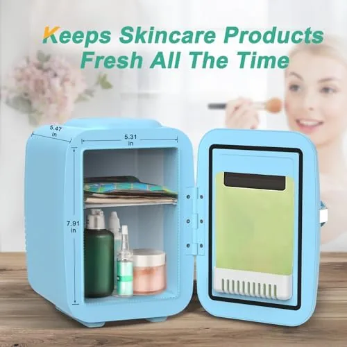 Skincare bottles arranged inside the open mini fridge