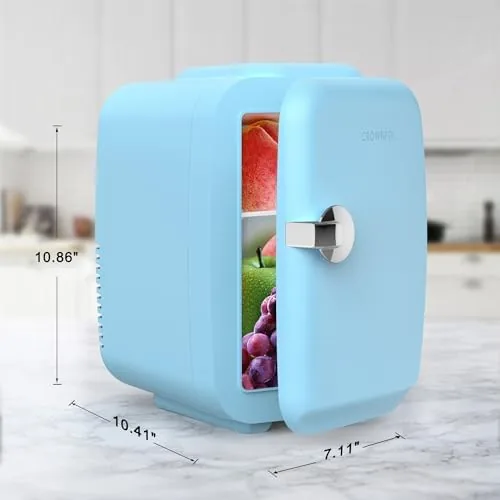The mini fridge on an office desk holding drinks and snacks