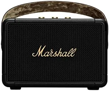 Marshall Kilburn II speaker on a wooden table showing the front grille