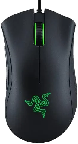 The black Razer DeathAdder Essential gaming mouse on a desk
