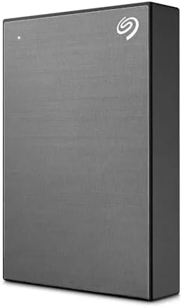 Seagate One Touch 2TB drive in Space Gray on a wooden desk