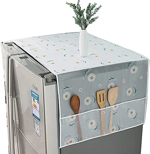 The PEVA dust cover fitted over a double-door refrigerator