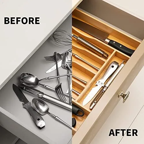 Cutlery arranged in the slots of the bamboo organizer