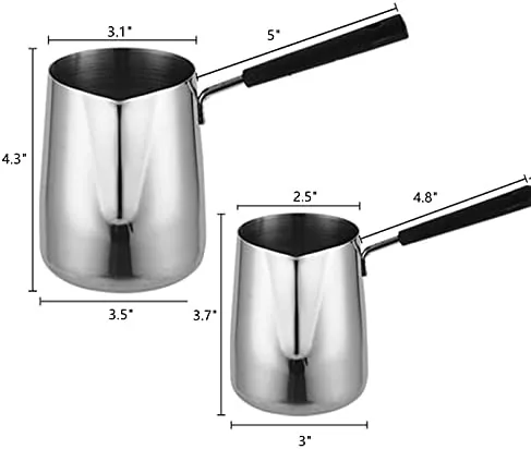 Close up of the riveted handle and pouring spout on the smaller pot
