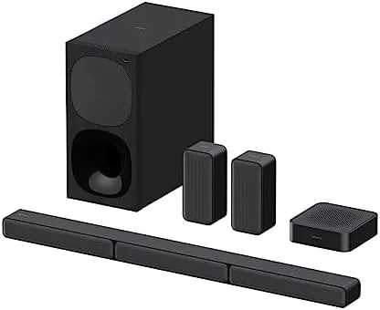 Sony HT-S40R soundbar, subwoofer, and two rear speakers in a living room