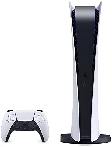PlayStation 5 Digital Edition console standing upright with the DualSense controller