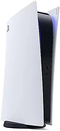 PS5 Digital Edition beside its bundled DualSense controller
