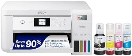 The Epson EcoTank ET-2850 printer sitting on a desk in a home office