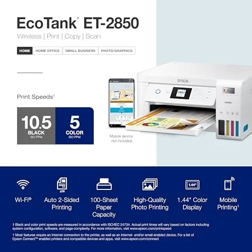 A stack of double sided printed documents next to the Epson ET-2850