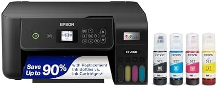 The black Epson EcoTank ET-2800 on a dark desk in a home office