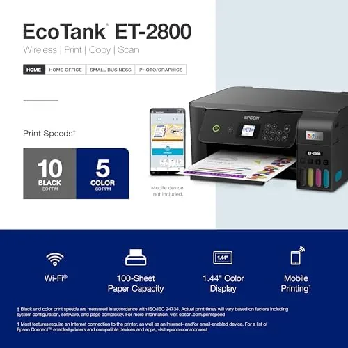 The black Epson EcoTank ET-2800 in a corner of a home office
