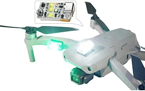 The VIFLY drone strobe light held next to a DJI Mini drone for scale