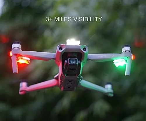 The strobe light mounted on the underside of a DJI Mini during a night flight