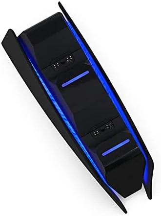The PS5 charging station with two controllers docked and the blue light bar glowing