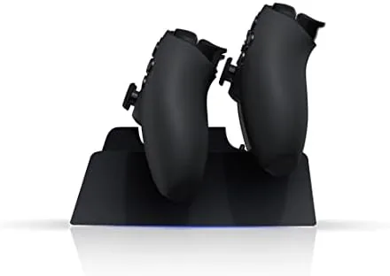 A Midnight Black PS5 controller seated in the charging dock