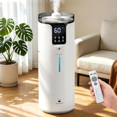 The white 16L cool mist humidifier standing in a living room corner